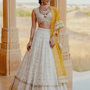Embroidered Semi Stitched Lehenga Choli  (White)