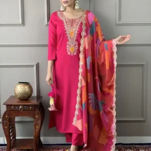 Women Silk Blend Kurti Pant Attached Dupatta Set