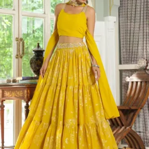 Printed Stitched Lehenga Choli  (Yellow)