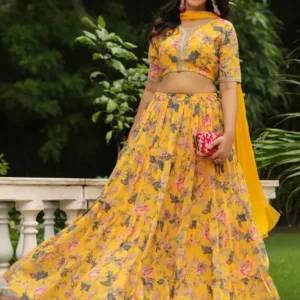 Janasya Printed Stitched Lehenga Choli Yellow