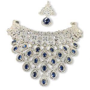 KamllaJw Jewelry Set Full Neck - AD/American Diamond Dropplet Shaped Studded Necklace, Earrings, Maang tikka Set, Rhodium Plated, Imitation, White & Blue, for Women & Girl