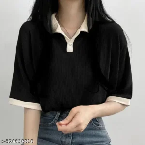 Women Fashion Pullover Tshirt | Women's Stylish Trendy Striped with Short Sleeves Contrast Pullover T-shirt | Fashionable Women Short Sleeve Casual Collar Top T-shirt Comfy Pullover Top T-shirt | Short Sleeve Striped Color Block Korean T-shirt For Women & Girl's | Korean Style Tshirt | Summer Wear