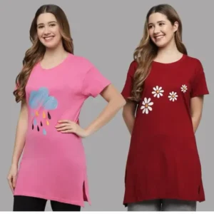 Women's Cotton Printed Long Regular Fit Round Neck Top/T-Shirt/Tshirts- (Pack of 2)